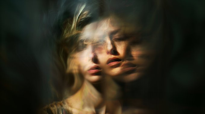 The image shows a double exposure portrait of a woman with closed eyes, her face overlapping with itself to create a dreamy, introspective effect with warm golden light streaking across the image. This artistic technique visually embodies the artist words "My vision is shaped by my feelings," capturing the layered, internal nature of self-reflection.