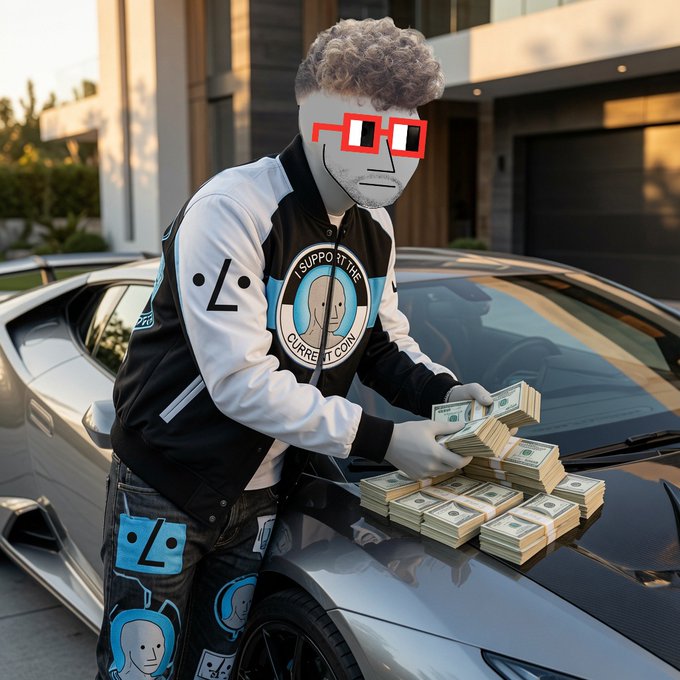 A person in a black and white jacket and Pepe-themed pants standing next to a sports car with stacks of cash on the hood, their face obscured by a drawn-on mask with red glasses.