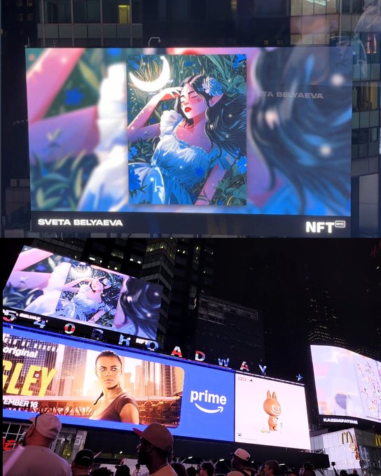 A nighttime city scene shows large digital billboards, including a prominent “SVETA BELYAEVA” and “NFT” advertisement above a display featuring Amazon Prime.