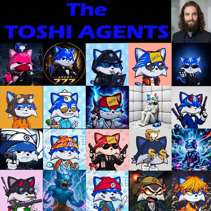 A collage titled 'The TOSHI AGENTS' featuring various cartoon cat characters (blue and red) in different themed outfits, with a photo of a bearded man in the upper right corner.
