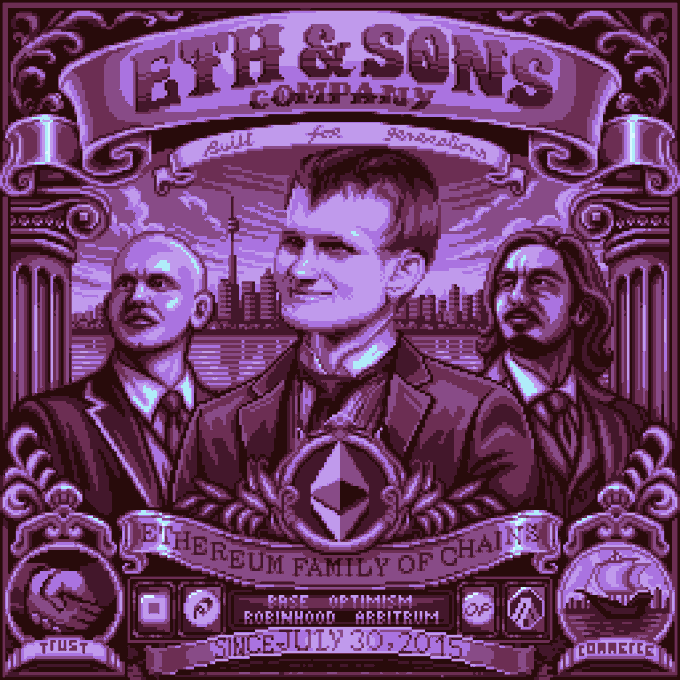 A purple pixel art image styled like a vintage product label titled 'ETH & SONS COMPANY - Built for Investors,' featuring pixelated portraits of three men and references to 'Ethereum Family of Chains' including Base, Optimism, Robinhood, and Arbitrum since July 30, 2015.