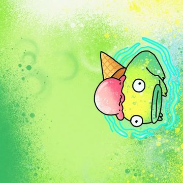 A melting ice cream cone with a pink scoop and waffle cone floats beside a trippy, wide-eyed green frog-like creature with wavy outlines against a vibrant green splatter background, illustrating the post's playful theme of a psychedelic friendship between a Supduck and a new "Kingfrog" companion.