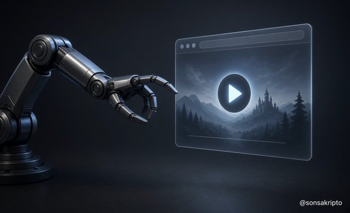 A robotic hand reaches toward a floating, translucent browser window displaying a play button, a fantasy landscape, and the watermark '@sonsakripto'.