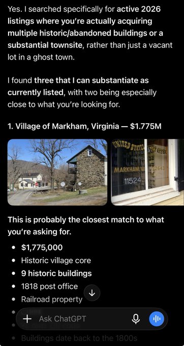 A screenshot of a ChatGPT conversation discussing active 2026 real estate listings for historic towns, highlighting the Village of Markham, Virginia at $1.775M with 9 historic buildings, an 1818 post office, and railroad property.