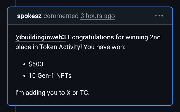 Screenshot of a Discord comment from 'spokesz' addressed to '@buildinginweb3' congratulating them on 2nd place in Token Activity, with winnings of $500 and 10 Gen-1 NFTs.