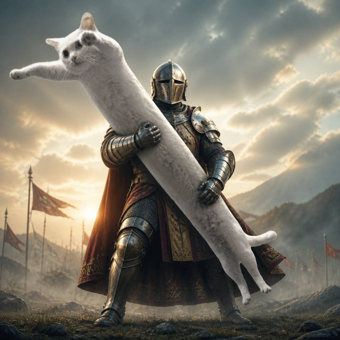 A heavily armored knight stands triumphantly on a misty battlefield, cradling an impossibly elongated white cat whose stretched body spans nearly the entire frame. The absurd, surreal feline length humorously embodies the phrase "THE CAT IS LONG," transforming a simple declaration into a literal visual exaggeration.
