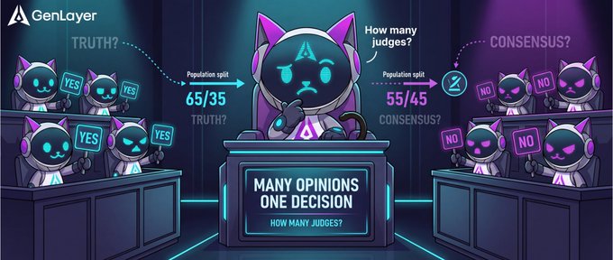A GenLayer infographic with cartoon cat characters in a courtroom setting, showing 'MANY OPINIONS ONE DECISION' with population splits for 'TRUTH?' (65/35) and 'CONSENSUS?' (55/45) panels.