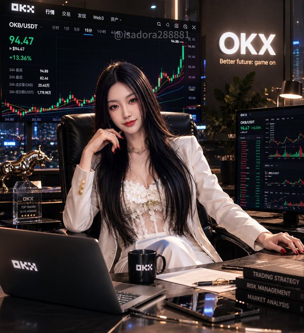 The image features a woman sitting at a desk with a laptop computer, surrounded by various items such as books and a cup of coffee. She appears to be dressed professionally, wearing a white blouse and black pants. The scene takes place in front of a large screen displaying stock market data, which suggests that she might be working in the finance or trading industry. The image also includes text elements related to OKX, a company involved in stock trading and financial services.
