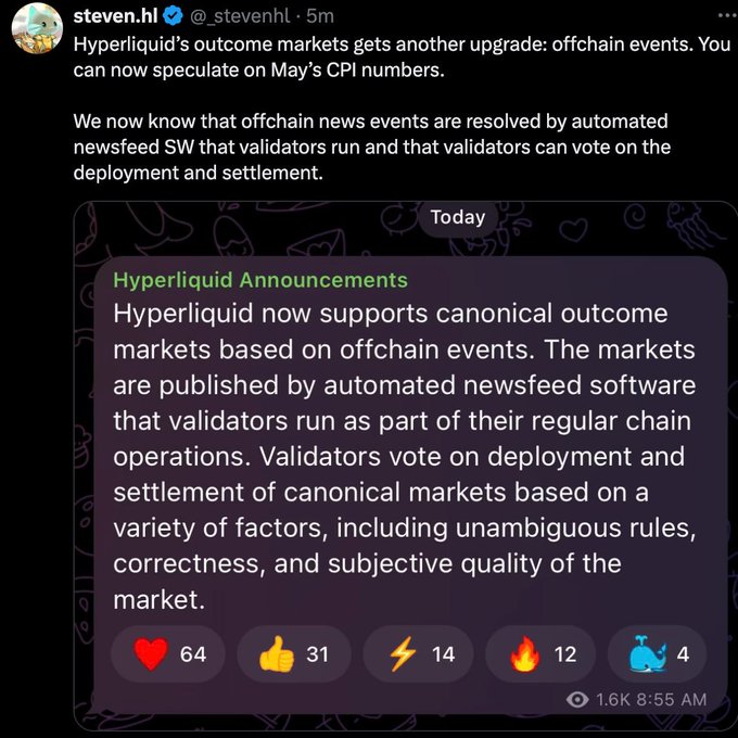 The image features a text box with an explanation about Hyper Liquid's approach to market resolution, which involves validators participating directly in settlement rather than relying on external oracles. This method allows for faster and more efficient decision-making within the validation process. The image also includes a list of emojis representing different aspects of this new approach, such as "1" for "first", "2" for "second", and "4" for "fourth".