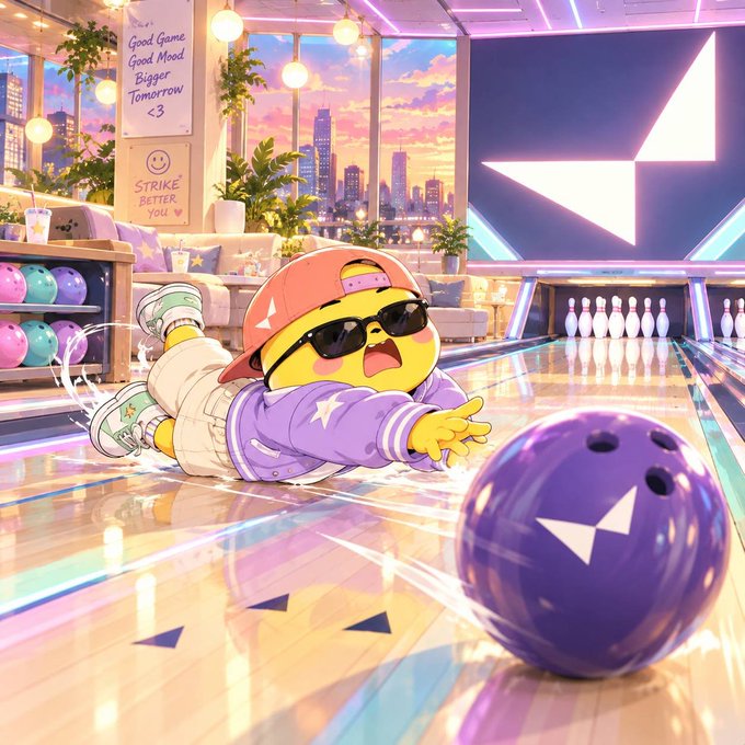 An illustration of a yellow character wearing a cap and sunglasses, sliding across a bowling lane to release a purple bowling ball decorated with a white triangle.