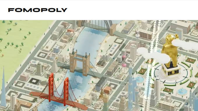 A stylized illustrated city map branded “FOMOPOLY,” featuring Tower Bridge-like red and tan bridges, the Sydney Opera House, and a gold Oscar statue by a fountain.