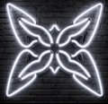 A white neon sign shaped like a butterfly is mounted on a dark brick wall.