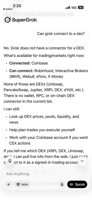 A screenshot of the SuperGrok AI chat interface responding to the question 'Can grok connect to a dex?' by listing supported platforms like Coinbase, Robinhood, and Uniswap.