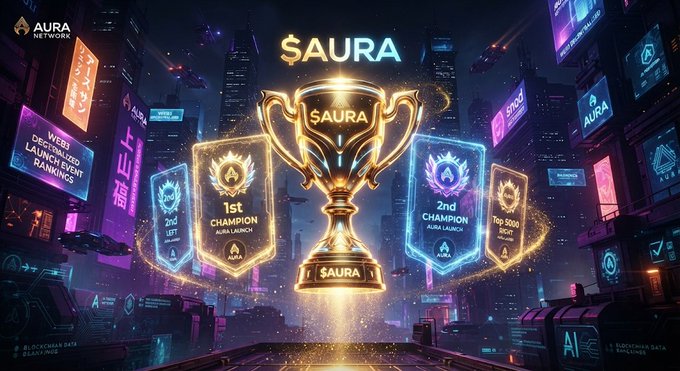 A promotional graphic for "$AURA" featuring a glowing golden trophy in the center, flanked by reward tiers ("1st CHAMPION," "2nd CHAMPION," "Top 5000") against a futuristic cyberpunk cityscape.