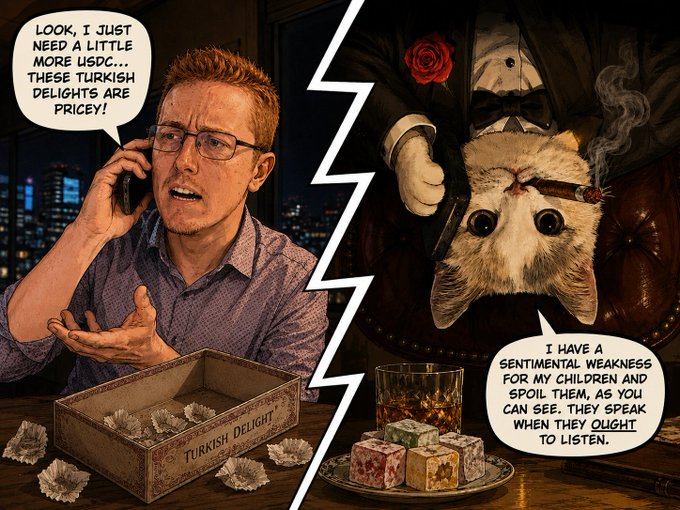 The image features an illustration of a man wearing glasses talking on his cell phone, with his cat sitting next to him holding a cigarette and a small box containing Turkish Delights. The poster has a caption about children being addicted to junk food. In one panel, there is a comic strip that includes a man in a suit smoking a cigarette and the text "Have a good night @Helmer_HODL".