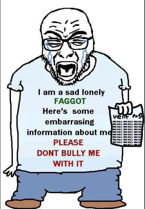 The image depicts a cartoon of a crying, bald man (known as the "soyjak" meme) holding a piece of paper that reads "WOJAKS WOJAKS" repeatedly, with overlaid text reading: "I am a sad lonely FAGGOT. Here's some embarrassing information about me PLEASE DONT BULLY ME WITH IT." The caption is unrelated to the post about Base seeking teams building on tokenized stocks, neobrokerages, and personalized indexes.