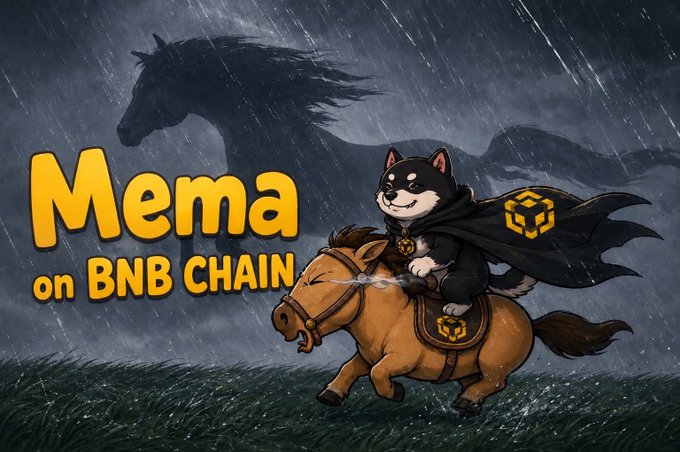 An illustrated promotional image titled 'Mema on BNB CHAIN' showing a Shiba Inu dog in a black cape riding a galloping horse through a rainy field.