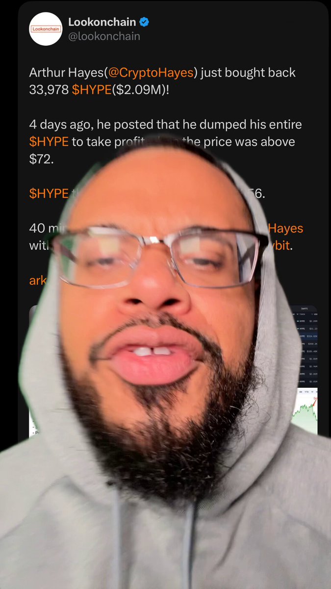 In the image, there are two people with facial hair and glasses, a man wearing a grey hoodie holding up his chin. The person sitting behind him has their face clearly visible while they're both looking at the camera. A screenshot of what appears to be a Twitter account for the person in the grey hoodie is displayed on the screen beneath them. This account includes a post about a deal where Arthur Hayes, another individual, purchases $2M worth of $HYPE shares for $56 after dumping on everyone around him by selling his entire portfolio at $72. Another person has retweeted this post with the caption "Just bought back" and added an "@Lokkahnchan". The screenshot also includes a link to a video about cryptocurrency trading, suggesting that there may be more to this story than what is currently visible in the image.