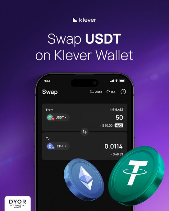 A sleek promotional graphic against a purple gradient background showcases the Klever Wallet app interface with the headline "Swap USDT on Klever Wallet," displaying a phone screen of a swap transaction converting 50 USDT ($50.00) to 0.0114 ETH ($48.89), flanked by large 3D ETH and USDT coin illustrations and a "DYOR - Not Financial Advice" disclaimer badge in the corner.