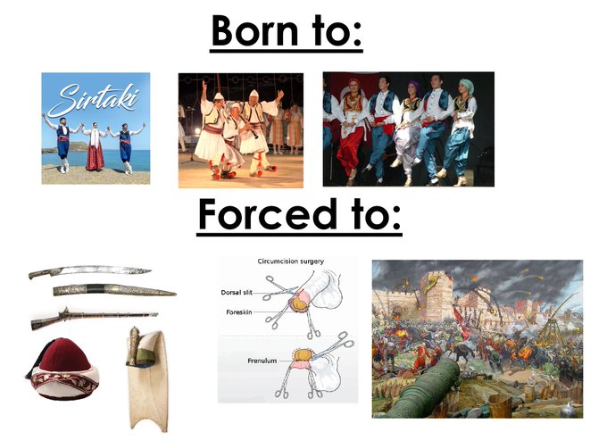 A meme titled 'Born to:' showing traditional dances above 'Forced to:' showing weapons, a circumcision surgery diagram, and a battle scene.