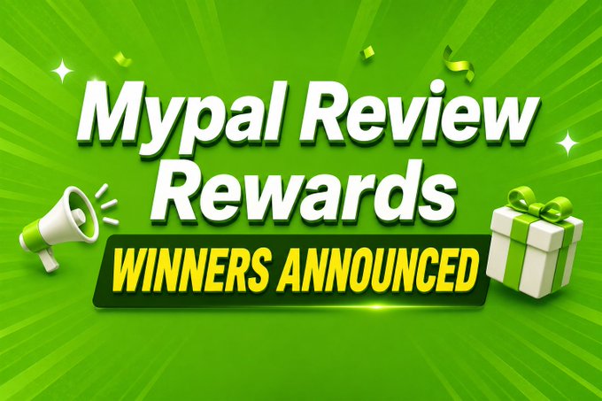 A bright green promotional banner reads 'Mypal Review Rewards WINNERS ANNOUNCED' flanked by a megaphone and a gift box graphic.