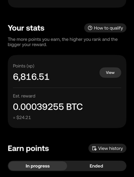 A dark-themed rewards dashboard showing stats of 6,816.51 points and an estimated reward of 0.00039255 BTC (~$24.21), with sections for 'In progress' and 'Ended' earn events.