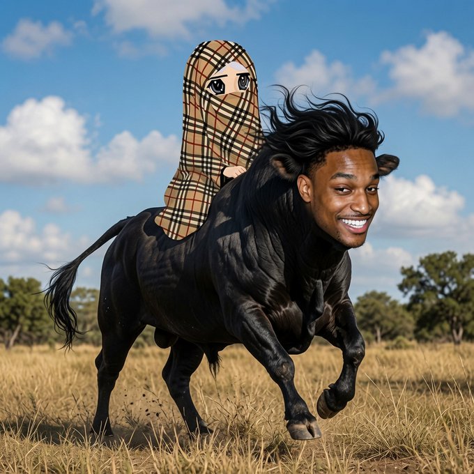 A digital artwork showing a cartoon-style figure wearing a plaid scarf, riding on the back of a black bull-like creature with a human face, galloping across a grassy savanna.