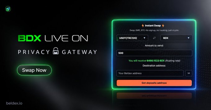 An advertisement for 'BDX LIVE ON PRIVACY GATEWAY' showing an instant crypto swap interface from USDT(TRC20) to BDX, with a 'Swap Now' button.