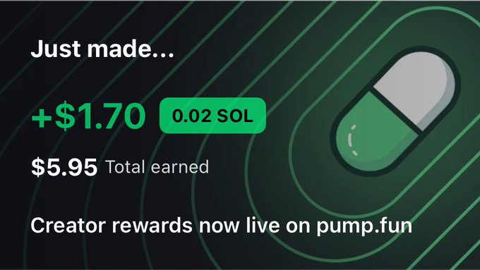 A dark green screen announcing 'Just made... +$1.70' with '0.02 SOL', '$5.95 Total earned', and 'Creator rewards now live on pump.fun' next to a pill icon.