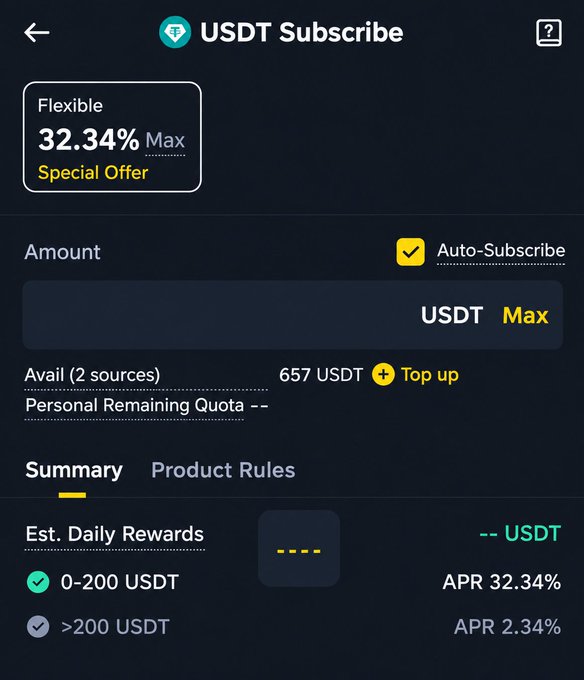 A screenshot of a 'USDT Subscribe' page showing a Flexible product with '32.34% Max Special Offer' APR, with Auto-Subscribe enabled and a summary indicating tiered APRs (32.34% for 0-200 USDT and 2.34% for >200 USDT).