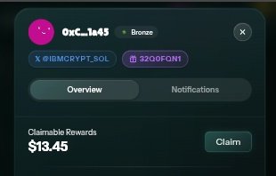 The image shows a profile card for user "OxC_1a45" (Bronze tier) with the handle @IBMCRYPT_SOL and wallet address 32QOFQN1, displaying $13.45 in claimable rewards. This corresponds to the post about receiving weekly Amplify rewards from @wolfswapdotapp, illustrating the consistent earnings the user mentioned from their platform participation.