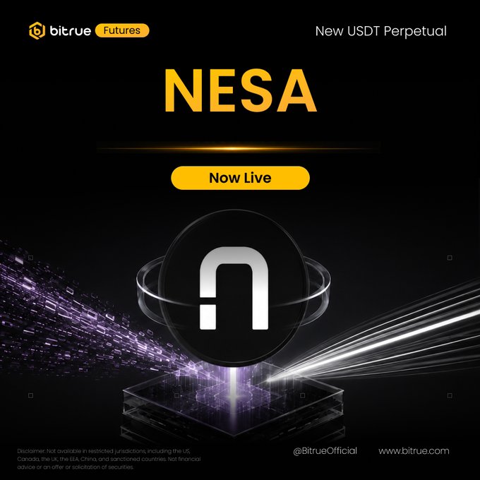 A promotional graphic from Bitrue Futures announcing the launch of the NESA/USDT perpetual contract, featuring a sleek black background with the Bitrue logo, "NESA" ticker, "Now Live" banner, and the NESA coin emblem with purple light effects, alongside their social handle and website.