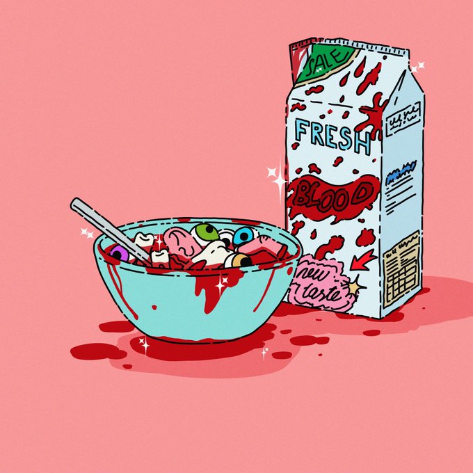 A cartoon-style illustration shows a turquoise bowl of colorful cereal with eyeballs and a pink brain, drizzled in red "blood," alongside a milk carton labeled "FRESH BLOOD" with a "SALE" sticker and "raw taste" label on a pink background. The macabre breakfast scene playfully fits the "Cereal Killer" NFT title, combining a wholesome cereal setup with horror-themed gore for a tongue-in-cheek artistic twist.