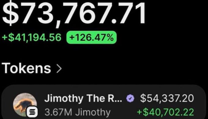 A cryptocurrency portfolio screen showing a total value of $73,767.71 with a +$41,194.56 (+126.47%) gain, featuring a token called 'Jimothy The R...' valued at $54,337.20 with a +$40,702.22 increase.