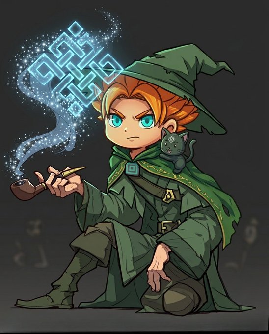 A chibi-style illustration depicts a Link-like character in a green wizard robe and hat, holding a smoking pipe with a glowing blue magical knot symbol floating above, and a small black cat on his shoulder.