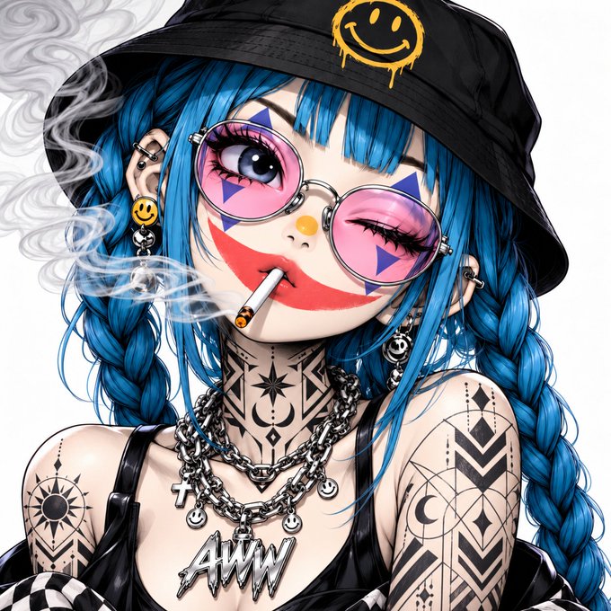 An anime-style illustration of a girl with blue braided hair, pink round sunglasses, clown makeup, and various tattoos including stars and moons, wearing a black bucket hat with a smiley face and smoking a cigarette.