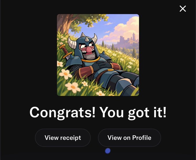 A pop-up confirms a successful NFT mint with the text "Congrats! You got it!" alongside a cartoon image of a horned, armored warrior relaxing in a flowery field, with options to "View receipt" or "View on Profile," indicating the user's recent mint of an RPG Onchain collectible.