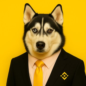A digital illustration of a Siberian Husky with blue and brown eyes wearing a black suit jacket, white shirt, and yellow tie, featuring a yellow Binance logo pin on the lapel, set against a solid yellow background.