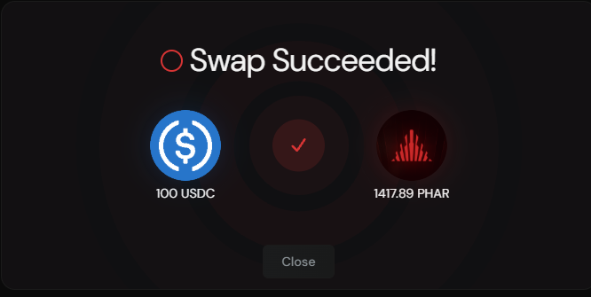 A digital interface displays 'Swap Succeeded!' showing a conversion from 100 USDC to 1417.89 PHAR, with a Close button at the bottom.