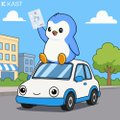 Cartoon image showing a small white and blue dog character waving from the top of a white car with a cityscape background.
