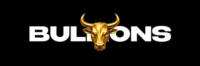 A gold bull head logo with the text "BULLIONS" in bold white letters on a black background, reinforcing the token's name and its connection to tangible precious metals like gold and silver mentioned in the post.