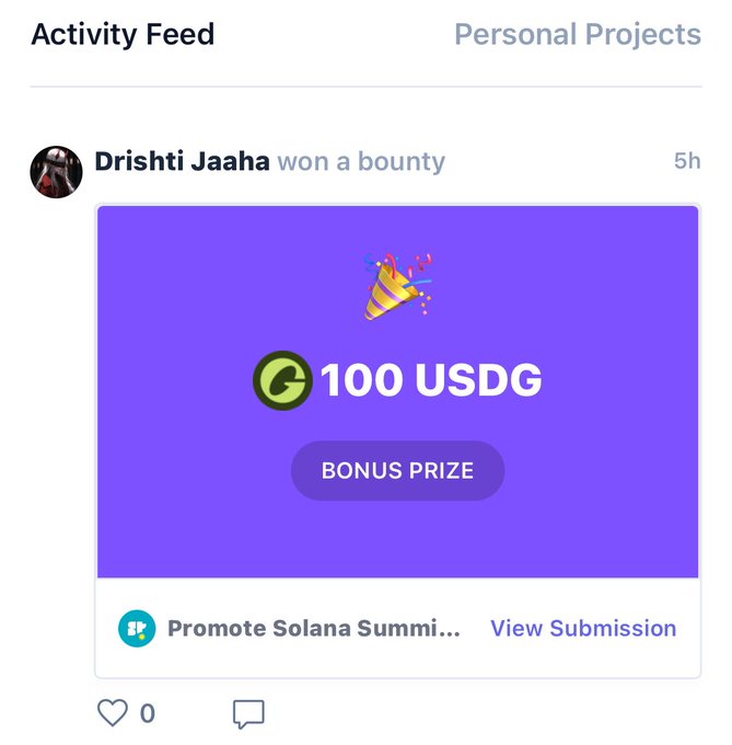 In this post, a person has won a bounty for 100 USDC. The post shows a blue and purple background with a gold and green coin icon on top of it that says "100". It also includes a description saying "BONUS PRIZE" and "view submission", which might be related to the reward system where the user receives 100 USDC for their work. A post by @SuperteamKZ has been added, providing additional details about this bounty, indicating they were responsible for it.