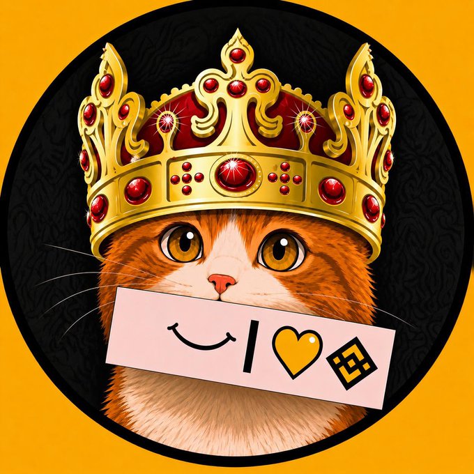 A regal orange and white cat wears an ornate golden crown adorned with red gemstones, holding a sign that reads "I ❤️ 雪" (I love/snow in Chinese characters), set against a black circular background with a yellow border—the BNBCAT logo reimagined as a crowned "King of Cats" as referenced in the post.