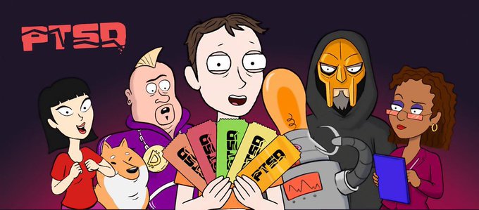 A cartoon illustration labeled 'PTSD' depicting shocked crypto traders, including one in a Bitcoin shirt holding a Shiba Inu and another in an orange hooded robe, surrounded by liquidation signs.