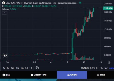 A TradingView chart for CASH/WETH (Market Cap) on Uniswap showing C:19.42M with a -9.67% decline and current price of 218.62M.