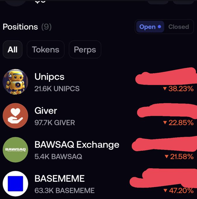 Mobile app positions screen showing 9 open positions with losses, including Unipcs down 38.23%, Giver down 22.85%, BAWSAQ Exchange down 21.58%, and BASEME down 47.20%.