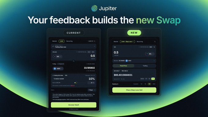 Jupiter presents a side-by-side comparison of its current and redesigned Swap interface, highlighting simplified Market, Limit, and Recurring trading options with a prominent "Access Vault" button and "Place Stop Loss Sell" feature, inviting user feedback to shape the new version.