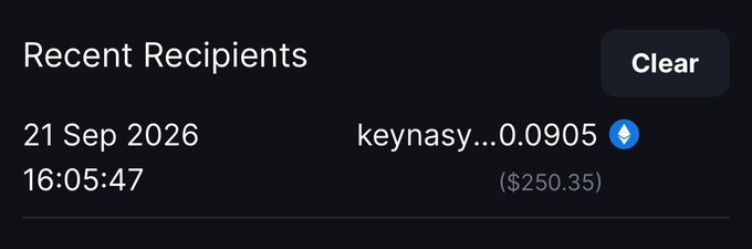 A screenshot showing a 'Recent Recipients' notification dated 21 Sep 2026 at 16:05:47, with a payment of $250.35 to address 'keynasy...0.0905' on what appears to be a cryptocurrency platform.