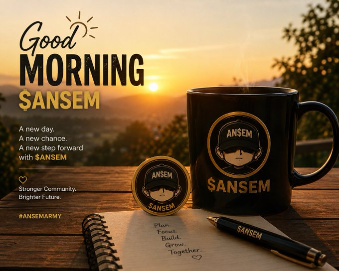 A motivational 'Good Morning $ANSEM' graphic featuring a black mug and matching pin with the ANSEM character logo, set against a sunset landscape with text reading 'A new day. A new chance. A new step forward with $ANSEM' and '#ANSEMARMY'.