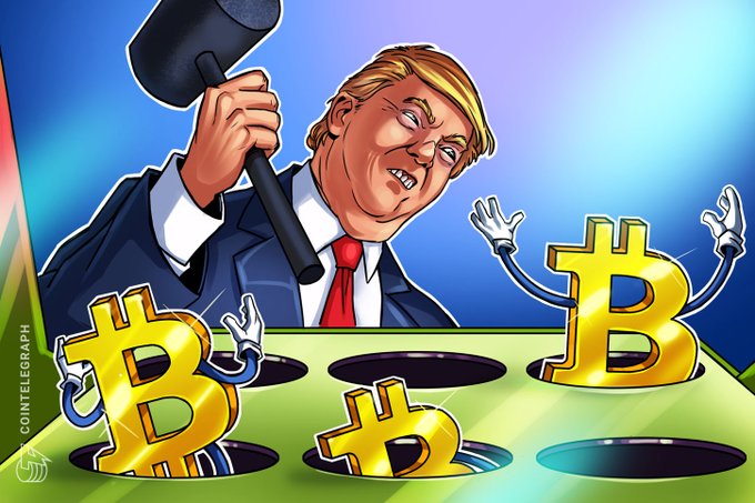 A cartoon illustration by Cointelegraph depicting Donald Trump holding a mallet over a whack-a-mole game, with Bitcoin symbols popping out of the holes.